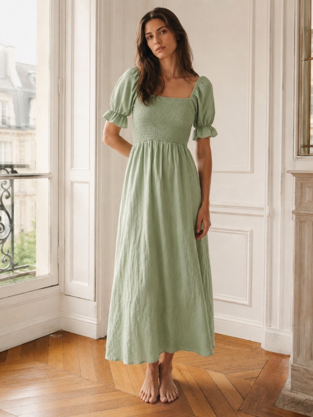 Altar’d State Sage Green Smocked Midi Dress Puff Sleeve Square Neck Size S
